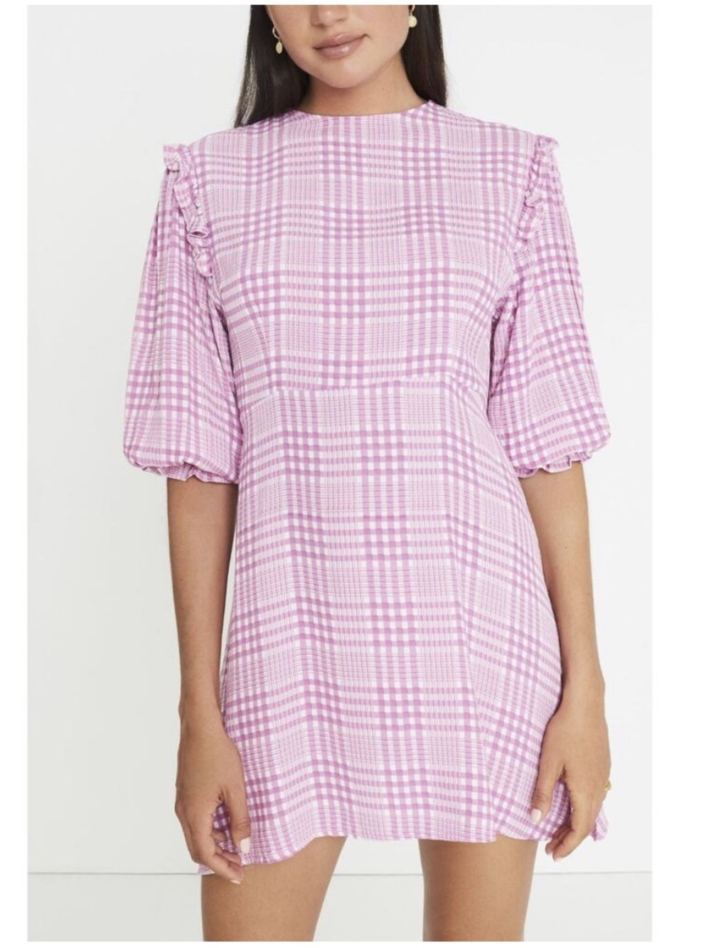 FAITHFULL THE BRAND Purple Gingham Edwina Puff Sleeve Minidress Size 2